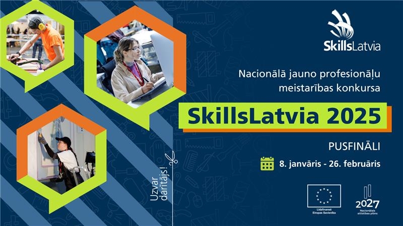 Jaunieši no dažādām profesijām, teksts SkillsLatvia2025 pusfināli