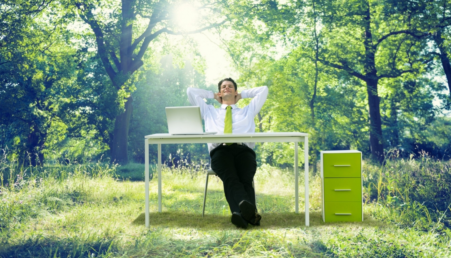 vīrietis sēž piedarba galda ar datoru zaļā pļavā aizmugurē zaļi koki 